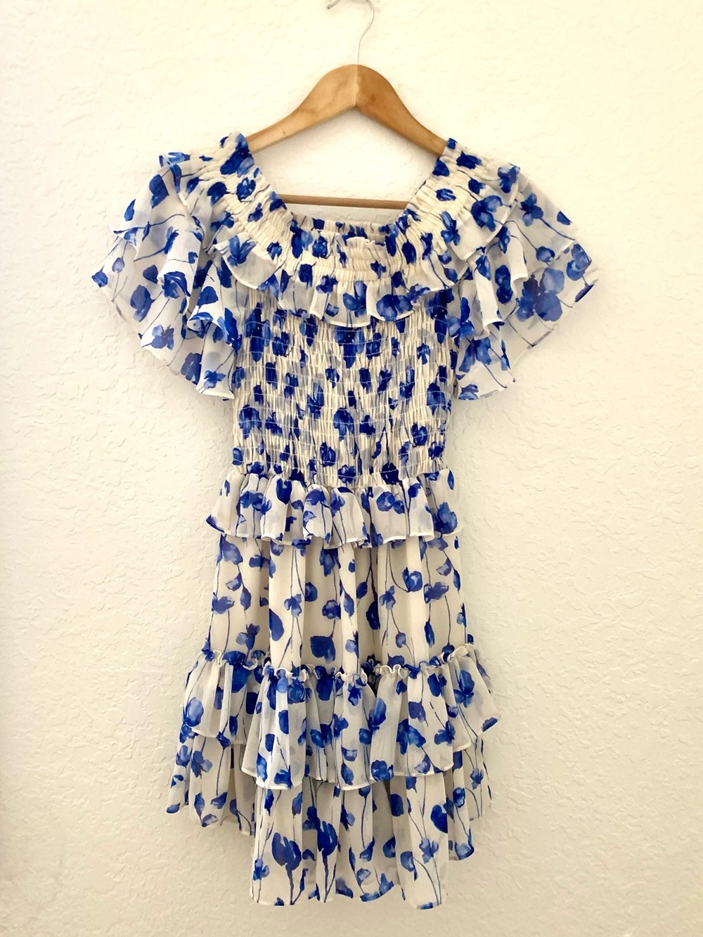Misa Los Angeles Blue White Floral Ruffle Smocked Mini Dress